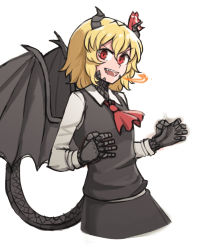 Rule 34 | 1girl, ascot, black skirt, blonde hair, blouse, bow, bowtie, breasts, breath weapon, breathing fire, darkness, dragon girl, dragon horns, dragon tail, dragon wings, dress shirt, druma, fangs, fire, floating, hair bow, hair ribbon, highres, horns, long sleeves, looking at viewer, mata (matasoup), name connection, necktie, outstretched arms, red bow, red eyes, red neckwear, red ribbon, ribbon, rumia, scales, shirt, short hair, skirt, skirt set, small breasts, smile, spread arms, tail, touhou, vest, waving arm, white shirt, wing collar, wings