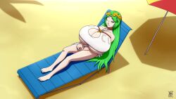 Rule 34 | 1girl, bare legs, barefoot, beach, breasts, cleavage, cleavage cutout, clothing cutout, female focus, full body, gigantic breasts, green eyes, green hair, highres, jewelry, kid icarus, long hair, looking at viewer, matching hair/eyes, nintendo, one eye closed, palutena, pendant, sarong, solo, swimsuit, umbrella, underboob, ydbunny
