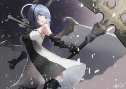 Rule 34 | 1girl, azur lane, black dress, black thighhighs, blue dress, breasts, cross, cross necklace, dress, gascogne (azur lane), gauntlets, halo, highres, holding, holding polearm, holding weapon, jewelry, mechanical halo, mechanical wings, medium breasts, medium hair, multicolored hair, necklace, oregano (olgn eao), polearm, solo, strapless, strapless dress, streaked hair, thighhighs, two-tone dress, weapon, white dress, wings