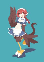 Rule 34 | 1girl, animal ears, apron, big o pants, bird ears, bird legs, bird tail, black feathers, black wings, blue bow, blue skirt, blush stickers, bow, breasts, cleavage, commentary request, crop top, feather fingers, feathers, fio-chan (big o pants), hair between eyes, harpy, highres, long hair, looking at viewer, maid apron, medium breasts, monster girl, open mouth, original, ponytail, red eyes, red hair, skirt, solo, standing, standing on one leg, tail, talons, waist apron, winged arms, wings