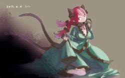 Rule 34 | 1girl, animal ears, braid, breasts, cat ears, cat girl, cat tail, cleavage, dress, female focus, green dress, kaenbyou rin, kneeling, large breasts, long hair, looking at viewer, multiple tails, namauni, paw pose, red eyes, red hair, solo, tail, touhou, twin braids