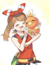 Rule 34 | 1girl, blush, bow, brown hair, closed eyes, creatures (company), fanny pack, game freak, gen 3 pokemon, hair bow, holding, holding pokemon, may (pokemon), nintendo, open mouth, pokemon, pokemon (creature), pokemon oras, red bow, red shirt, shirt, sleeveless, sleeveless shirt, torchic, upper body, yuihico