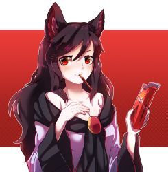 Rule 34 | 1girl, absurdres, animal ears, black hair, blush, breasts, brooch, chocolate, cleavage, collarbone, dress, dungeon toaster, food, food in mouth, highres, imaizumi kagerou, jewelry, large breasts, long hair, looking at viewer, medium breasts, mouth hold, off-shoulder dress, off shoulder, pocky, pocky day, red eyes, solo, touhou, wolf ears