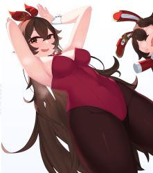 Rule 34 | 1girl, absurdres, amber (genshin impact), armpits, artist name, baron bunny (genshin impact), blush, breasts, brown eyes, brown hair, detached collar, from below, genshin impact, groin, hair ribbon, highres, izulizuru, leotard, long hair, looking at viewer, medium breasts, nervous smile, open mouth, pantyhose, playboy bunny, rabbit pose, red leotard, ribbon, simple background, smell, smile, strapless, strapless leotard, white background, wrist cuffs