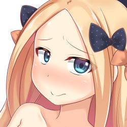 Rule 34 | 1girl, abigail williams (fate), aka no hotaru, black bow, blonde hair, blue eyes, bow, closed mouth, collarbone, commentary request, fate/grand order, fate (series), forehead, hair bow, long hair, looking at viewer, orange bow, parted bangs, polka dot, polka dot bow, simple background, smile, solo, white background