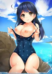 Rule 34 | 10s, 1girl, ahoge, bad id, bad pixiv id, black hair, breasts, clothes pull, covered navel, kantai collection, large breasts, long hair, neko neko koneko, nipples, one-piece swimsuit, one-piece swimsuit pull, polka dot, polka dot swimsuit, pulling own clothes, solo, swimsuit, ushio (kancolle)
