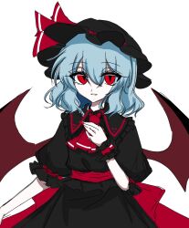 Rule 34 | 1girl, alternate costume, ascot, bat wings, black dress, black hat, blue hair, bow, dress, fingernails, hat, hat ribbon, highres, looking at viewer, mob cap, nail polish, puffy sleeves, red ascot, red bow, red eyes, red ribbon, remilia scarlet, ribbon, senao o172, short hair, short sleeves, simple background, smile, solo, touhou, white background, wings