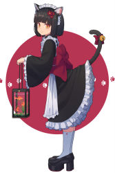 Rule 34 | 1girl, absurdres, animal ears, apron, bell, black dress, black footwear, black hair, cat ears, cat girl, cat tail, closed mouth, commentary, dress, fish, flower, frilled dress, frills, full body, hair flower, hair ornament, highres, jingle bell, kneehighs, lifted by tail, long sleeves, looking at viewer, maid, maid headdress, original, revision, short hair, socks, solo, standing, tail, white apron, white socks, wide sleeves, wozora, yellow eyes
