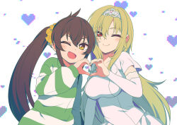 Rule 34 | 2girls, blonde hair, breasts, brown hair, commentary request, dress, elbow gloves, eyes visible through hair, fuu (koneko no yomeiri), gloves, hair ornament, hair over one eye, hair scrunchie, heart, heart background, heart hands, heart hands duo, highres, idolmaster, idolmaster cinderella girls, idolmaster cinderella girls starlight stage, kurosaki chitose, large breasts, long hair, matoba risa, multiple girls, one eye closed, open mouth, red eyes, scrunchie, shirt, smile, striped clothes, striped shirt, twintails, white dress, white gloves, yellow eyes