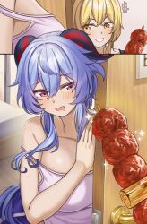 Rule 34 | 2girls, 2koma, absurdres, blonde hair, blue hair, blush, breasts, brown eyes, camisole, comic, commentary, door, drooling, food, ganyu (genshin impact), genshin impact, hair ornament, highres, horns, kebab, large breasts, long hair, looking at viewer, lumine (genshin impact), multiple girls, o-los, open mouth, spaghetti strap, upper body, very long hair, yellow eyes