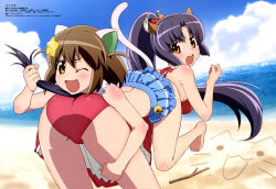 Rule 34 | 10s, 2girls, :o, ;d, absurdres, akiyama yukiko, animal ears, ass, back, bare shoulders, barefoot, beach, bell, bent over, bikini, bikini skirt, bikini under clothes, blue bikini, blush, body blush, brown eyes, carrot, carrot hair ornament, cat, cat ears, cat tail, clenched hand, clothes lift, cloud, day, detached collar, dress, dress lift, etotama, fang, feet, floating hair, food-themed hair ornament, frills, from behind, grabbing, hair ornament, high ponytail, highres, horns, horse ears, horse girl, horse tail, horseshoe, jingle bell, lace, long hair, looking at viewer, looking back, lying, megami magazine, multiple girls, non-web source, nyaa-tan, o o, ocean, official art, on stomach, one eye closed, open mouth, orange eyes, outdoors, parted bangs, petticoat, purple hair, red bikini, red dress, scan, short hair, sidelocks, sky, sleeveless, sleeveless dress, smile, star (symbol), star hair ornament, stick, straddling, swimsuit, swimsuit under clothes, tail, two side up, uma-tan, very long hair, water, yellow eyes