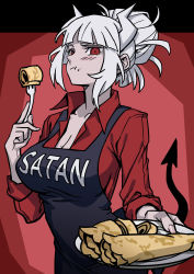 Rule 34 | 1girl, :t, apron, as109, black apron, blunt bangs, blush, breasts, cleavage, closed mouth, collarbone, collared shirt, commentary request, demon girl, demon horns, demon tail, eating, english text, food, food on face, fork, hand up, helltaker, highres, holding, holding fork, holding plate, horns, large breasts, looking at viewer, lucifer (helltaker), mole, mole on breast, pancake, plate, red background, red eyes, red shirt, shirt, solo, tail, upper body, white hair