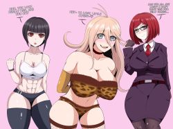 Rule 34 | 3girls, abs, absurdres, age difference, aged up, alternate breast size, alternate costume, alternate hairstyle, animal print, annoyed, bare shoulders, black hair, blonde hair, celestia ludenberg, cleavage cutout, clothing cutout, curvy, danganronpa: trigger happy havoc, danganronpa (series), excited, fictional persona, fishnets, formal, glasses, gloves, highres, iruma miu, leopard print, long hair, looking at viewer, mature female, midriff, multiple girls, navel, naver, office lady, pencil skirt, red hair, short hair, skirt, sports bra, suit, thick thighs, thighhighs, thighs, worried, yumeno himiko