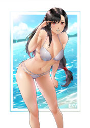 Rule 34 | 1girl, bare shoulders, bent over, bikini, black hair, breasts, cleavage, day, earrings, exv, feet out of frame, final fantasy, final fantasy vii, hair between eyes, highres, jewelry, large breasts, long hair, looking at viewer, midriff, navel, outdoors, parted lips, red eyes, sleeveless, solo, stomach, swimsuit, teeth, tifa lockhart, water