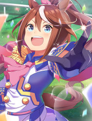 Rule 34 | 1girl, absurdres, animal ears, ascot, black gloves, blue jacket, blush, brown hair, chitose tomo, commentary request, confetti, epaulettes, gloves, grass, hair between eyes, hair ribbon, highres, horse ears, horse girl, horse tail, jacket, long hair, looking at viewer, multicolored clothes, multicolored hair, multicolored jacket, open mouth, outstretched arm, pink ascot, pink ribbon, ponytail, ribbon, sidelocks, single epaulette, solo, sparkle, streaked hair, sun flare, swept bangs, tail, tokai teio (umamusume), two-tone jacket, umamusume, white hair