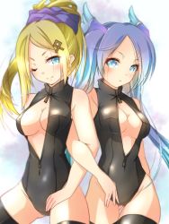 Rule 34 | 2girls, ;), black legwear, black one-piece swimsuit, blonde hair, blue eyes, blue hair, blush, breasts, cleavage, covered navel, front zipper swimsuit, hair ornament, idunn &amp; idunna, locked arms, long hair, meme attire, multiple girls, one-piece swimsuit, one eye closed, ponytail, puzzle &amp; dragons, smile, swimsuit, thighhighs, twintails, unzipped, uzura kazuhisa, zipper