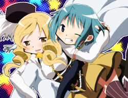Rule 34 | 10s, 2girls, beret, blonde hair, blue eyes, blue hair, cape, corset, drill hair, fingerless gloves, fumiko (mesushi), gloves, grin, hat, magical girl, mahou shoujo madoka magica, mahou shoujo madoka magica (anime), miki sayaka, multiple girls, official style, one eye closed, short hair, smile, thighhighs, tomoe mami, twin drills, twintails, wink, yellow eyes, zettai ryouiki