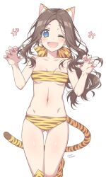 Rule 34 | 1girl, animal ears, animal print, bikini, blue eyes, boots, breasts, brown hair, claw pose, fate/grand order, fate (series), fingernails, gluteal fold, highres, leonardo da vinci (fate), leonardo da vinci (fate/grand order), leonardo da vinci (rider) (fate), long hair, navel, one eye closed, sakura tsubame, sharp fingernails, small breasts, swimsuit, tail, tiger ears, tiger print, tiger tail, white background