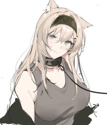 Rule 34 | 1girl, animal ears, arknights, bare shoulders, bdsm, black collar, black hairband, black jacket, blonde hair, blue eyes, breasts, collar, extra ears, grey tank top, hair between eyes, hair ornament, hairband, hairclip, highres, horn (arknights), jacket, joshua (shisanli934), large breasts, leash, long hair, looking at viewer, open clothes, open jacket, simple background, slave, smile, solo, tank top, upper body, white background, wolf ears