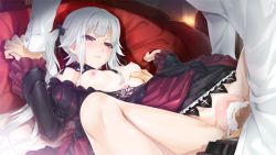 Rule 34 | 1boy, 1girl, bed, belt, bishoujo mangekyou, black dress, grabbing another&#039;s breast, breasts, censored, choker, clothed sex, cum, cum in pussy, dress, dress shirt, frilled dress, frills, game cg, goth fashion, gothic lolita, grabbing, happoubi jin, hetero, holding hands, interlocked fingers, kagarino kirie, legs, lolita fashion, missionary, mosaic censoring, omega star, onogami shigehiko, penis, pussy, red eyes, sex, shirt, small breasts, spread legs, vaginal, white hair
