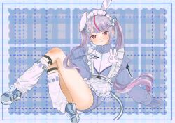 Rule 34 | 1girl, animal ears, apron, ass, blue footwear, blue jacket, blunt bangs, blush, closed mouth, commentary, fake animal ears, frilled apron, frills, full body, hair ornament, hairclip, highres, jacket, jersey maid, long hair, long sleeves, looking at viewer, loose socks, maid, maid headdress, multicolored hair, pink hair, purple hair, rabbit ears, rabbit hair ornament, red eyes, rubeuss, shoes, sitting, sleeves past fingers, sleeves past wrists, sneakers, socks, solo, streaked hair, thick eyebrows, tosaki mimi, twintails, unconventional maid, virtual youtuber, vspo!, waist apron, white apron, white socks