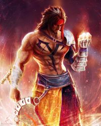 Rule 34 | bandaged arm, bandages, chest tattoo, final fantasy, final fantasy x, headband, highres, holding, holding sword, holding weapon, jecht, long hair, multiple scars, muscular, muscular male, scar, single bare arm, solo, sword, tattoo, topless male, tylor hepner, weapon