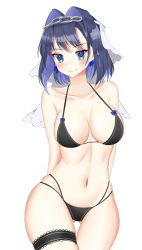 Rule 34 | 1girl, absurdres, arms behind back, bad id, bad pixiv id, bare arms, bare shoulders, bikini, black bikini, blue eyes, blue hair, breasts, chain, cleavage, collarbone, cowboy shot, earrings, gluteal fold, hair intakes, halterneck, highres, hololive, hololive english, jewelry, large breasts, looking at viewer, multi-strapped bikini, navel, ouro kronii, short hair, simple background, smile, solo, stomach, string bikini, suisen (suisenhwa), swimsuit, thigh gap, thigh strap, virtual youtuber, white background