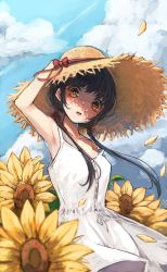 Rule 34 | 1girl, arm up, armpits, bare arms, bare shoulders, black hair, blue sky, breasts, brown eyes, cloud, cloudy sky, collarbone, commentary request, day, dress, flower, hand on headwear, hat, highres, long hair, low twintails, nyucha, original, outdoors, petals, sky, sleeveless, sleeveless dress, small breasts, solo, straw hat, summer, sunflower, twintails, white dress, yellow flower