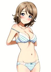 Rule 34 | 1girl, absurdres, adjusting bra, adjusting clothes, arms behind back, blue bow, blue bra, blue eyes, blue panties, blush, bow, bow bra, bow panties, bra, breasts, cleavage, collarbone, cowboy shot, diagonal stripes, groin, highres, light brown hair, looking at viewer, love live!, love live! sunshine!!, medium breasts, navel, panties, removing bra, sankuro (agoitei), scan, short hair, simple background, smile, solo, strap slip, striped bra, striped clothes, striped panties, swept bangs, thighs, underwear, underwear only, watanabe you, white background