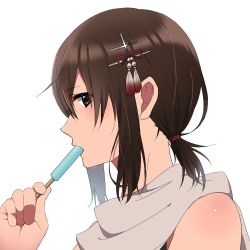 Rule 34 | 1girl, alternate hairstyle, bad id, bad twitter id, bare shoulders, brown eyes, brown hair, food, from side, hair ornament, hair tie, holding, kantai collection, looking at viewer, looking to the side, low ponytail, popsicle, profile, rinto (rint rnt), scarf, sendai (kancolle), solo, sweat, upper body, white scarf