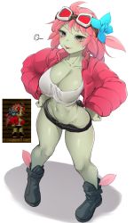 Rule 34 | 1girl, :p, absurdres, bare legs, black footwear, black shorts, blue flower, boots, breasts, cleavage, collarbone, colored skin, commentary, crop top, floran, flower, full body, goggles, goggles on head, green skin, grey eyes, hair flower, hair ornament, hands on own hips, highres, jacket, k0ng, large breasts, long hair, long sleeves, looking at viewer, micro shorts, midriff, navel, open clothes, open jacket, pink hair, pink jacket, shadow, shirt, shorts, simple background, smile, solo, standing, starbound, stomach, thighs, tongue, tongue out, white background, white shirt
