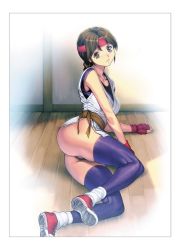 Rule 34 | 1girl, ass, blush, border, brown eyes, brown hair, curvy, gloves, gradient background, headband, highres, homare (fool&#039;s art), huge ass, looking at viewer, lying, on side, ryuuko no ken, shoes, sneakers, snk, solo, the king of fighters, thick thighs, thighhighs, thighs, thong, yuri sakazaki