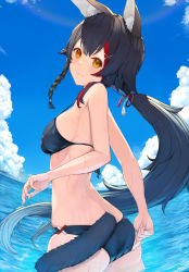 Rule 34 | 1girl, :3, absurdres, animal ear fluff, animal ears, ass, beach, bikini, black bikini, black hair, blue sky, breasts, closed mouth, cloud, cloudy sky, highres, hololive, long hair, looking at viewer, looking back, multicolored hair, ookami mio, piisu, ponytail, sideboob, sky, smile, solo, streaked hair, swimsuit, tail, virtual youtuber, water, wet, wolf ears, wolf girl, wolf tail, yellow eyes