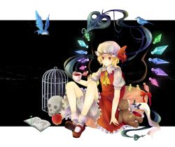 Rule 34 | 1girl, bad id, bad pixiv id, bird, blonde hair, book, cage, female focus, flandre scarlet, hat, knife, one side up, ponytail, red eyes, short hair, side ponytail, solo, stuffed animal, stuffed toy, teddy bear, touhou, vitaminlemon, wings