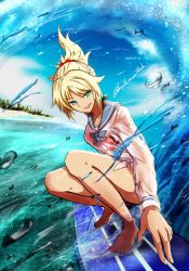 Rule 34 | 1girl, absurdres, bare legs, barefoot, beach, bikini, blonde hair, blue eyes, bow, bowtie, collarbone, eyebrows hidden by hair, fate/grand order, fate (series), hairband, highres, ikecchi (hayato moon), looking at viewer, mordred (fate), mordred (fate) (all), mordred (swimsuit rider) (fate), mordred (swimsuit rider) (second ascension) (fate), ocean, ponytail, red bikini, school uniform, serafuku, shirt, short hair, smile, solo, surfboard, surfing, swimsuit, water, waves, wet, wet clothes, wet shirt, white serafuku
