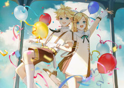 Rule 34 | 1boy, 1girl, absurdres, alternate costume, ant (4567891011), arm up, balloon, belt, black ribbon, blonde hair, blue eyes, bow, brother and sister, brown footwear, brown shorts, cloud, cloudy sky, collared dress, collared shirt, commentary, confetti, day, detached sleeves, dress, gloves, hair bow, hair ornament, hairclip, highres, holding another&#039;s arm, kagamine len, kagamine rin, leg up, looking at viewer, neck ribbon, necktie, pillar, ribbon, shirt, shoes, short hair, shorts, siblings, sky, socks, streamers, suspender shorts, suspenders, twins, vocaloid, white dress, white gloves, white legwear, white shirt