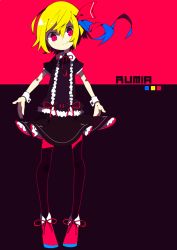 Rule 34 | 1girl, akimaki yuu, alternate costume, bad id, bad twitter id, black dress, black pantyhose, blonde hair, bow, character name, commentary request, dress, frilled skirt, frills, full body, hair bow, hair ribbon, highres, looking at viewer, pantyhose, red background, red bow, red eyes, red footwear, red ribbon, ribbon, rumia, shoes, short dress, short hair, short sleeves, skirt, smile, solo, touhou, two-tone background, wrist cuffs