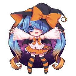 Rule 34 | 1girl, bad id, bad pixiv id, bat wings, black footwear, black stripes, blue eyes, blue hair, bow, bowtie, chibi, detached sleeves, gradient hair, hair over one eye, halloween, hat, hatsune miku, hikataso, long hair, mary janes, matching hair/eyes, multicolored hair, open mouth, outstretched arms, patterned legwear, shoes, skirt, solo, spread arms, striped clothes, striped thighhighs, thighhighs, twintails, two-tone stripes, very long hair, vocaloid, white background, wings, witch hat