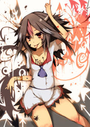 Rule 34 | 1girl, black hair, bow, bracelet, breast tattoo, breasts, cleavage, dress, grey horns, highres, horns, jewelry, kijin seija, kyuu (plastic night q), looking at viewer, multicolored clothes, multicolored dress, multicolored hair, red eyes, short sleeves, small breasts, smile, solo, tattoo, tongue, tongue out, touhou, white hair