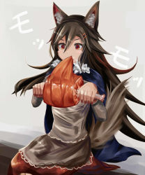 Rule 34 | 1girl, :t, animal ears, black hair, blue cape, blush stickers, boned meat, eating, food, hair ornament, hairclip, houdukixx, imaizumi kagerou, long hair, long sleeves, meat, nail polish, red eyes, red nails, red skirt, seiza, shirt, sitting, skirt, solo, tail, touhou, white shirt, wolf ears, wolf tail