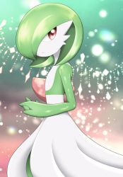 Rule 34 | 1girl, bob cut, closed mouth, colored skin, creatures (company), expressionless, female focus, flat chest, from side, game freak, gardevoir, gen 3 pokemon, green hair, green skin, hair over one eye, highres, interlocked fingers, looking back, multicolored skin, nintendo, one eye covered, own hands together, pokemon, pokemon (creature), red eyes, short hair, solo, standing, tahita, two-tone skin, white skin