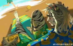 Rule 34 | 1boy, absurdres, alternate costume, alternate hairstyle, animal ears, animal print, arknights, bara, barefoot, beach, beach volleyball, cup, facial hair, frog print, from behind, furry, furry male, goatee, green male swimwear, highres, holding, holding cup, knee up, large hands, looking back, male focus, male swimwear, mountain (arknights), perspective, scar, scar across eye, short hair, smile, solo focus, swim trunks, thick eyebrows, tiger boy, tiger ears, white hair, yingou li de wenyi zhi yuan