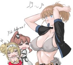 Rule 34 | 1other, 3girls, = =, abyssal ship, arms behind head, beamed eighth notes, belt, bikini, black shirt, blonde hair, blue eyes, bra, breasts, brown hair, cleavage, collarbone, commentary request, dress, eighth note, enemy lifebuoy (kancolle), english text, gambier bay (kancolle), grey bra, hair ornament, hairband, highres, holding, holding own hair, innertube, intrepid (kancolle), kantai collection, large breasts, mouth hold, multiple girls, musical note, open clothes, open mouth, ponytail, rubber band, saratoga (kancolle), shirt, short hair, side ponytail, sidelocks, simple background, smokestack, sozan, swim ring, swimsuit, twintails, underwear, upper body, white background, white dress, yellow bikini