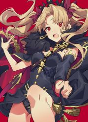 Rule 34 | 1girl, :d, black cape, black leotard, black nails, blonde hair, bow, breasts, cape, cowboy shot, crown, detached sleeves, earrings, ereshkigal (fate), fate/grand order, fate (series), fingernails, hair bow, hand up, highres, jewelry, leotard, long sleeves, looking at viewer, medium breasts, nail polish, open mouth, red background, red bow, red eyes, samei ikusa, single detached sleeve, smile, solo, spine, twintails