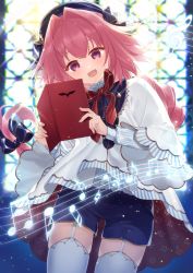 Rule 34 | 1boy, absurdres, astolfo (angel breath) (fate), astolfo (fate), black bow, book, bow, braid, capelet, fang, fate/apocrypha, fate (series), garter straps, hair intakes, hair ribbon, hat, highres, holding, holding book, kan&#039;yu (citron 82), long braid, long sleeves, looking at viewer, male focus, multicolored hair, musical note, official alternate costume, open book, open mouth, pink hair, purple eyes, red ribbon, ribbon, shirt, shorts, single braid, skin fang, smile, solo, streaked hair, striped clothes, striped shirt, thighhighs, trap, white thighhighs, wide sleeves