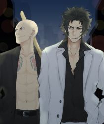 Rule 34 | 2boys, bald, belt, black hair, chest tattoo, cigarette, fate/grand order, fate (series), formal, gangster, hijikata toshizou (fate), houzouin inshun (fate), jacket, male focus, multiple boys, night, open clothes, open jacket, scar, smile, smoking, suit, suit jacket, tattoo, upper body, walking, white suit