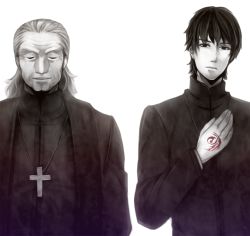 Rule 34 | 2boys, age difference, command spell, cross, cross necklace, closed eyes, fate/zero, fate (series), father and son, jewelry, kotomine kirei, kotomine risei, male focus, multiple boys, muted color, necklace, old, old man, yabu (ybk), ybk0407