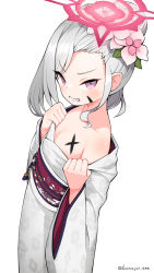 Rule 34 | 1girl, bare shoulders, blue archive, collarbone, commentary request, flower, grey hair, grey kimono, grin, hair bun, hair flower, hair ornament, halo, hands up, highres, hirokawa desu, japanese clothes, kimono, long hair, long sleeves, looking at viewer, mutsuki (blue archive), mutsuki (new year) (blue archive), obi, off shoulder, pink flower, pulling own clothes, purple eyes, sash, simple background, single hair bun, smile, solo, twitter username, v-shaped eyebrows, white background, wide sleeves