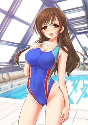 Rule 34 | 10s, 1girl, blush, breasts, brown eyes, brown hair, cleavage, competition swimsuit, covered navel, female focus, gluteal fold, highleg, highleg swimsuit, idolmaster, idolmaster cinderella girls, idolmaster cinderella girls starlight stage, inoue tomii, large breasts, long hair, looking at viewer, nitta minami, one-piece swimsuit, open mouth, pool, rei no pool, smile, solo, standing, swimsuit