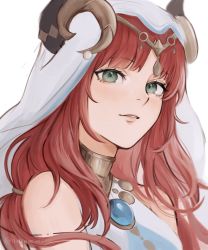 Rule 34 | 1girl, arabian clothes, bare shoulders, blush, curled horns, eyelashes, forehead jewel, genshin impact, green eyes, highres, horns, jewelry, lips, long hair, looking at viewer, necklace, nilou (genshin impact), nokkusuart, parted lips, profile, red hair, smile, solo, twitter username, veil
